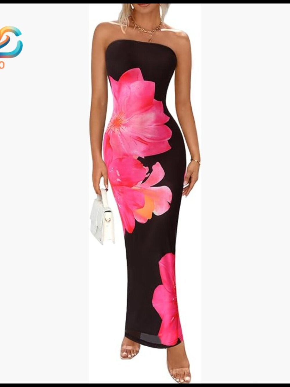 Strapless Maxi Dress Bodycon Floral Formal Tube Mesh Cocktail Dress